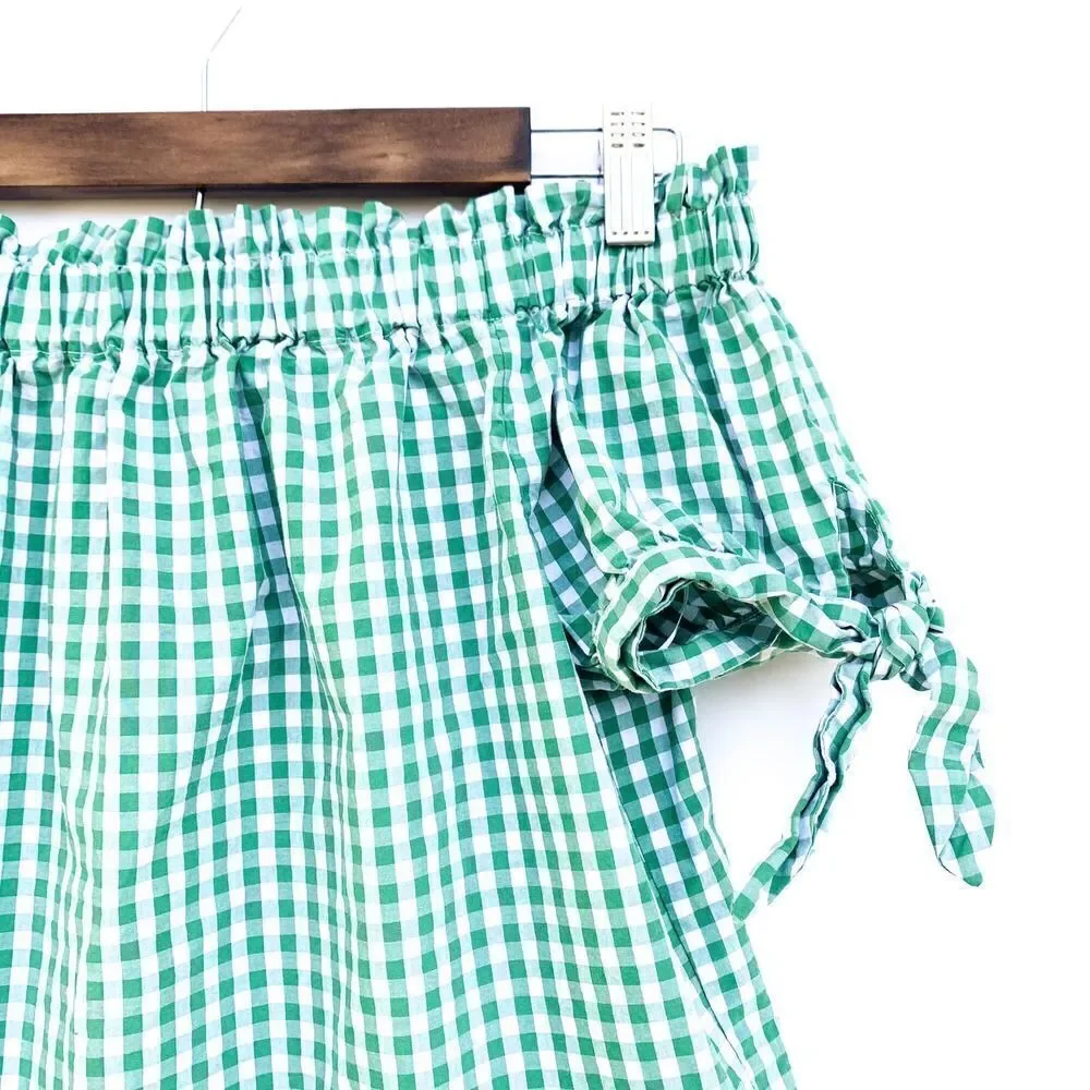 J. Crew White Green Gingham Off the Shoulder Top